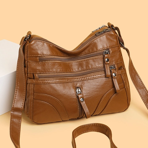 Borsa A Tracolla Multi Cerniera Da Donna Morbida Pelle PU Grande Capacità Borsa A Spalla Retro Consistenza Versatile