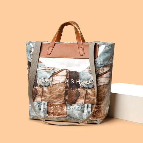 Vintage Denim Patchwork Print Tote Bag Große Kapazität Frauen PVC Wasserdichte Handtasche Mit Verstellbarem Schultergurt