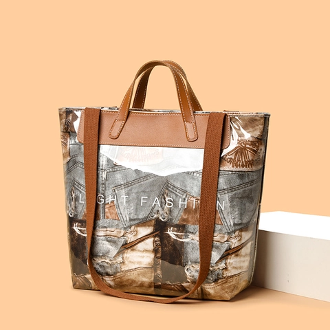 Vintage Denim Patchwork Print Tote Bag Große Kapazität Frauen PVC Wasserdichte Handtasche Mit Verstellbarem Schultergurt