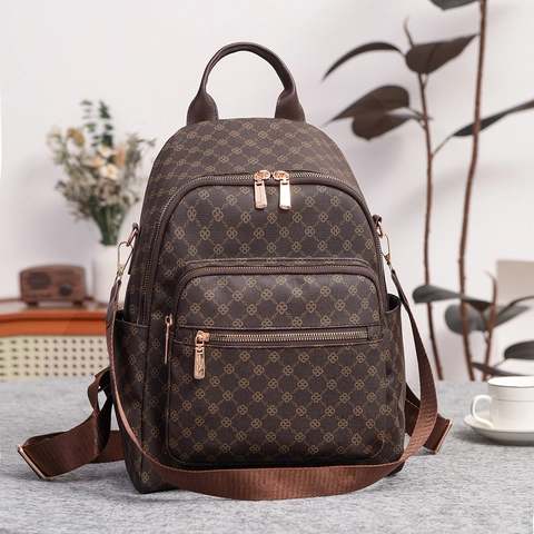 Sac à Dos pour Femmes en Cuir PU Imprimé Monogramme Mode Grande Capacité Imperméable Rétro Sac de Voyage avec Poche Antivol