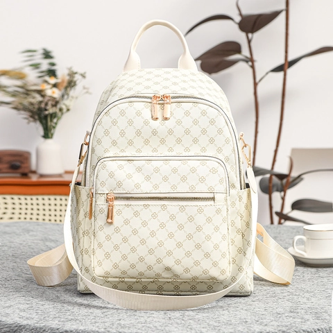 Sac à Dos pour Femmes en Cuir PU Imprimé Monogramme Mode Grande Capacité Imperméable Rétro Sac de Voyage avec Poche Antivol