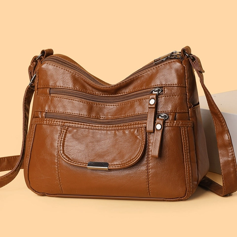 Women Crossbody Bag Soft PU Leather Multi Zipper Compartments Large Capacity Casual Shoulder Bag For Daily Travel