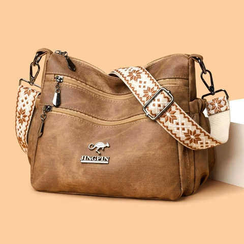 Damen Umhängetasche Mehrere Reißverschlusstaschen Gewaschenes PU Leder Schultertasche Breiter Bestickter Gurt Retro Lässige Handtasche