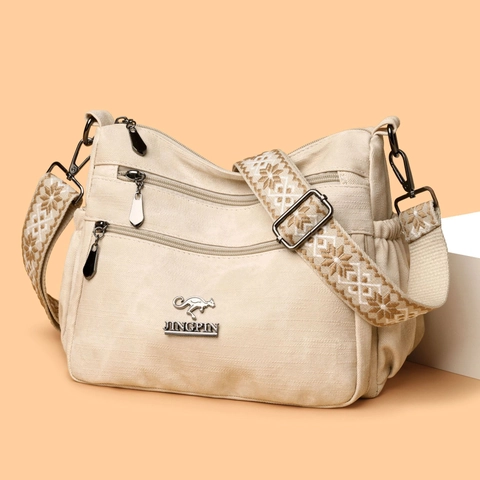 Damen Umhängetasche Mehrere Reißverschlusstaschen Gewaschenes PU Leder Schultertasche Breiter Bestickter Gurt Retro Lässige Handtasche