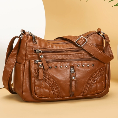 Multi Taschen Damen Umhängetasche Weiches PU Leder Nieten Gewebte Textur Reißverschluss Schultertasche Lässig Vintage