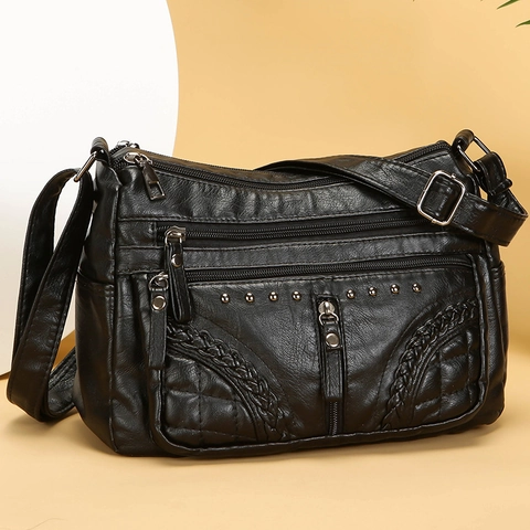 Multi Taschen Damen Umhängetasche Weiches PU Leder Nieten Gewebte Textur Reißverschluss Schultertasche Lässig Vintage