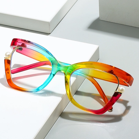 Montatura Occhiali Occhio Di Gatto Per Donna Con Künstliche Perle Anti Luce Blu Arcobaleno Plastica Metallo Moda Retro