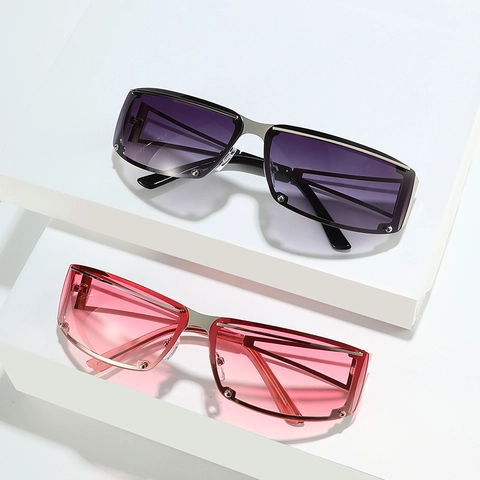 Square Rimless Sunglasses Metal Hollow Geometric Temples UV400 PC Lens Futuristic Y2K Cyberpunk Eyewear For Men Women
