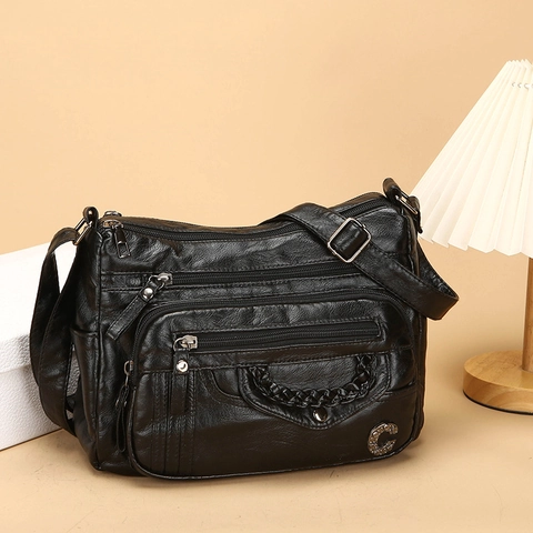 Vintage Dames Zacht PU Leer Multi Pocket Crossbody Tas Grote Capaciteit Schoudertas Met Verstelbare Riem Geweven Detail