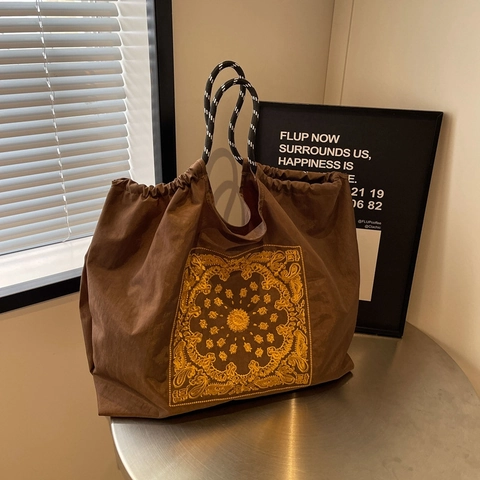 Bolso Tote Grande De Nailon Con Bordado De Cachemira Y Mandala Cierre De Cordón Asa De Cuerda Bolso De Hombro Moda Casual