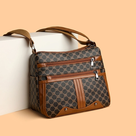 Borsa Tracolla Retro Donne Pelle PU Tasche Con Cerniera Grande Capacità Motivo Monogramma Vintage Borsa Spalla Quotidiana
