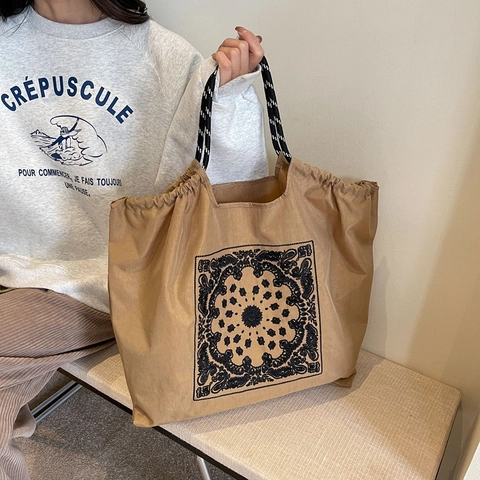 Bolso Tote Grande De Nailon Con Bordado De Cachemira Y Mandala Cierre De Cordón Asa De Cuerda Bolso De Hombro Moda Casual