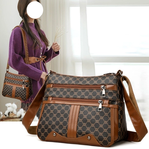Borsa Tracolla Retro Donne Pelle PU Tasche Con Cerniera Grande Capacità Motivo Monogramma Vintage Borsa Spalla Quotidiana
