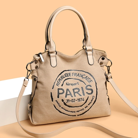 Women Vintage Corduroy Handbag Retro Paris Print Casual Shoulder Crossbody Bag PU Leather Handle Zipper Closure