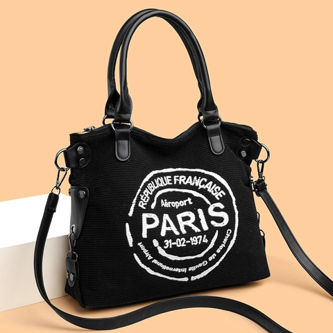 Women Vintage Corduroy Handbag Retro Paris Print Casual Shoulder Crossbody Bag PU Leather Handle Zipper Closure