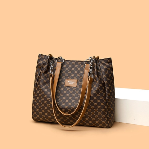 Sac Cabas Vintage Femme En Cuir PU Grande Capacité Imprimé Géométrique Sac À Main Épaule Chaîne Style Rétro