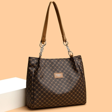 Sac Cabas Vintage Femme En Cuir PU Grande Capacité Imprimé Géométrique Sac À Main Épaule Chaîne Style Rétro
