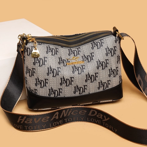 Dames Crossbody Schoudertas Multi Layer Rits Grote Capaciteit Brede Jacquard Band Litchi Korrel Monogram Print Mode Casual