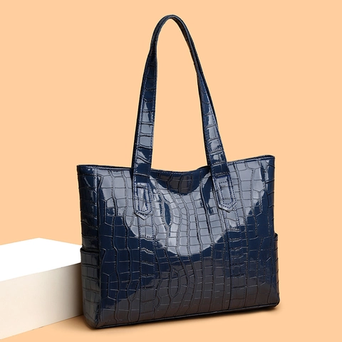 Crocodile Pattern PU Leather Tote Bag Large Capacity High Gloss Shoulder Handbag For Women Work Office