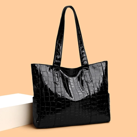 Crocodile Pattern PU Leather Tote Bag Large Capacity High Gloss Shoulder Handbag For Women Work Office