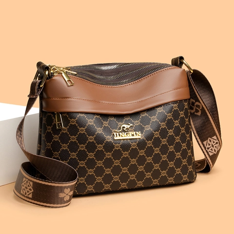 Bolso Bandolera Retro De Cuero PU Con Monograma Y Triple Cremallera Con Correa Ancha Bolso De Hombro Diario Para Mujer