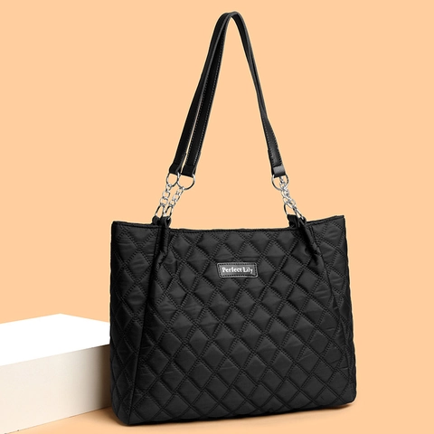 Borsa Tote Trapuntata Grande Capacità Motivo A Rombi Nylon Borsa A Spalla Con Tracolla A Catena Per Donna Moderno