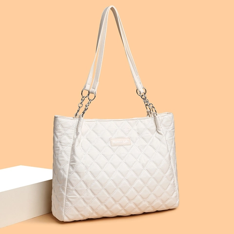 Borsa Tote Trapuntata Grande Capacità Motivo A Rombi Nylon Borsa A Spalla Con Tracolla A Catena Per Donna Moderno