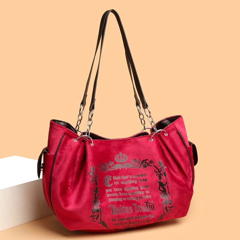 Vintage Samt Tote Bag Gotischer Kronenprint Große Kapazität Y2K Retro Style Metallkette Weiche Velours Schultertasche Damen