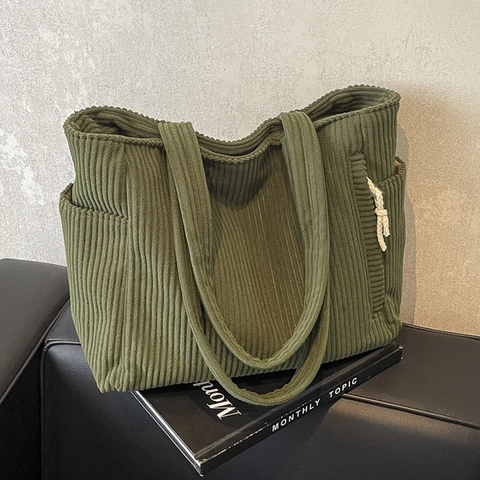 Borsa Tote In Velluto A Coste Grande Capacità Borsa A Spalla Commuter Con Tasche Laterali Borsa A Mano Casual Donna
