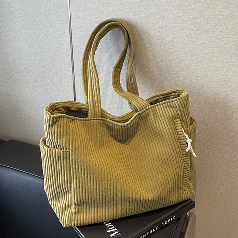 Borsa Tote In Velluto A Coste Grande Capacità Borsa A Spalla Commuter Con Tasche Laterali Borsa A Mano Casual Donna