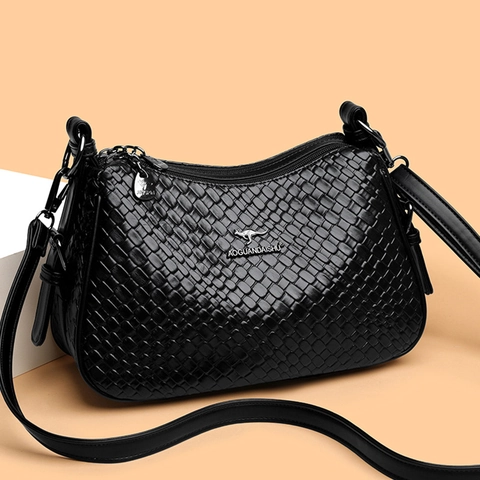 Woven PU Leather Crossbody Bag For Women Trendy Multi Compartment Shoulder Purse Adjustable Strap Fashion Square Handbag
