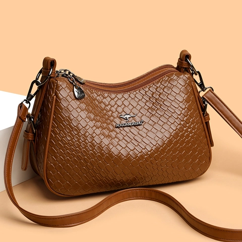 Woven PU Leather Crossbody Bag For Women Trendy Multi Compartment Shoulder Purse Adjustable Strap Fashion Square Handbag