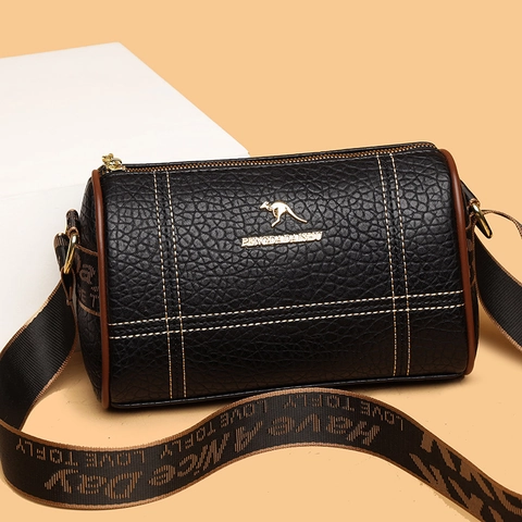 Women Boston Bag PU Leather Lychee Pattern Cylinder Crossbody With Wide Jacquard Strap Fashion Daily Use Trendy Bag