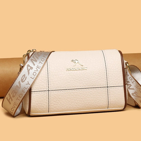 Women Boston Bag PU Leather Lychee Pattern Cylinder Crossbody With Wide Jacquard Strap Fashion Daily Use Trendy Bag