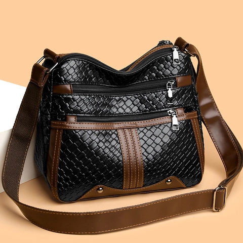 Women Crossbody Bag Soft PU Leather Woven Multi Layer Zippers Shoulder Handbag Casual Simple Elegant Large Capacity