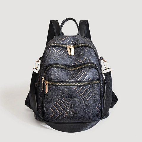 Zaino Di Moda Pelle PU Jacquard Motivo A Onde Orientali Tasche Multiple Retro Borsa Da Viaggio Per Donne