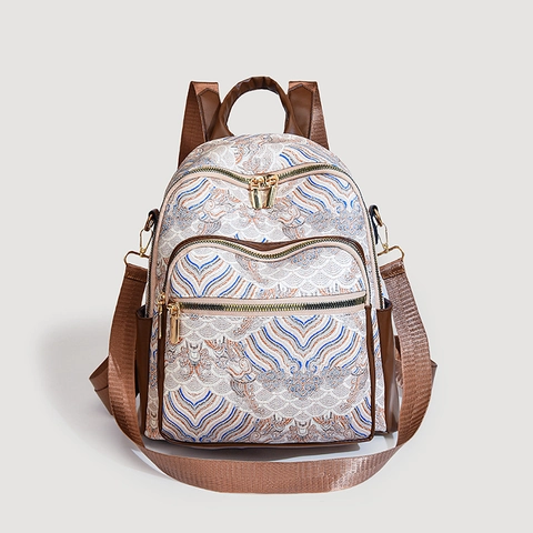 Zaino Di Moda Pelle PU Jacquard Motivo A Onde Orientali Tasche Multiple Retro Borsa Da Viaggio Per Donne