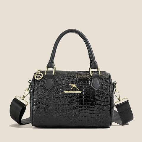 Women Boston Bag Crocodile Embossed PU Leather Cylinder Handbag With Wide Strap Shoulder Crossbody Fashion Elegant