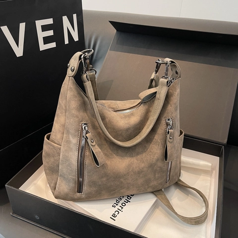 Große Kapazität Matte PU Leder Schultertasche Mit Doppelten Vertikalen Reißverschlüssen Vintage Hobo Handtasche Für Damen