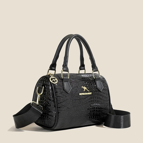 Women Boston Bag Crocodile Embossed PU Leather Cylinder Handbag With Wide Strap Shoulder Crossbody Fashion Elegant