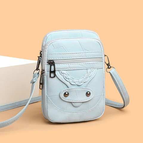 Women Crossbody Cell Phone Bag PU Leather Multi Zipper Layer Vintage Small Square Shoulder Pouch With Braided Rivet