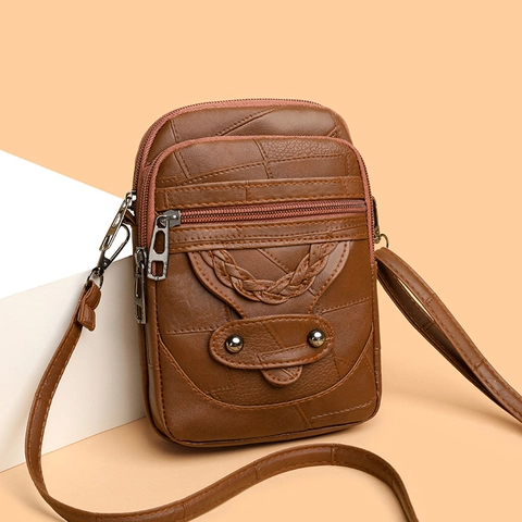 Women Crossbody Cell Phone Bag PU Leather Multi Zipper Layer Vintage Small Square Shoulder Pouch With Braided Rivet