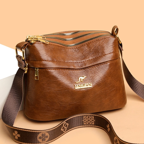 Women Crossbody Bag PU Leather Multi Zipper Pocket Wide Jacquard Strap Stylish Layered Shoulder Purse
