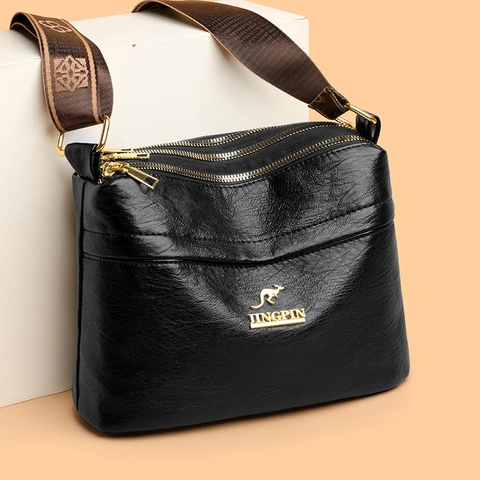 Women Crossbody Bag PU Leather Multi Zipper Pocket Wide Jacquard Strap Stylish Layered Shoulder Purse