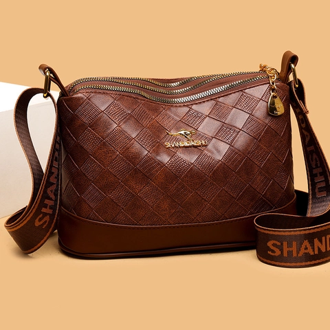 Bolso Bandolera Vintage De Cuero PU Tejido Para Mujer Cremallera De Varias Capas Gran Capacidad Bolso De Hombro De Moda
