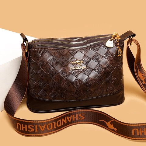 Bolso Bandolera Vintage De Cuero PU Tejido Para Mujer Cremallera De Varias Capas Gran Capacidad Bolso De Hombro De Moda