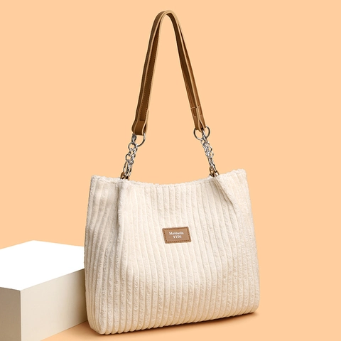 Damen Corduroy Tote Bag Große Kapazität Schultertasche Mit Metallkette Retro Einfache Tägliche Pendler Handtasche