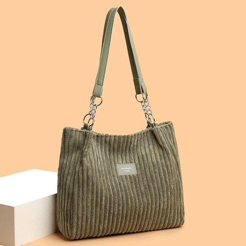 Damen Corduroy Tote Bag Große Kapazität Schultertasche Mit Metallkette Retro Einfache Tägliche Pendler Handtasche