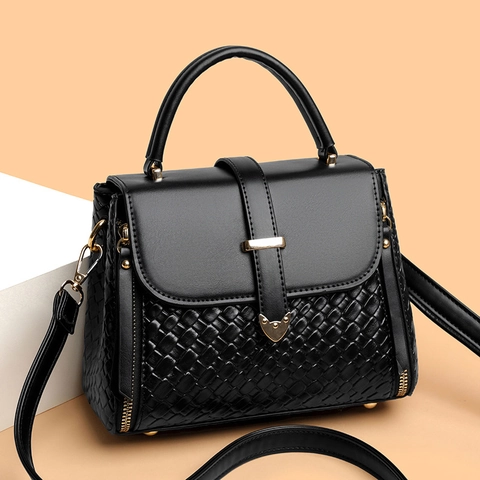 Borsa Da Donna In Pelle PU Splicing Motivo Intrecciato Tracolla Retro Elegante Manico Hardware Dorato Pendolare Quotidiano