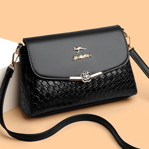 Damen Umhängetasche PU Leder Gewebtes Muster Blumenverschluss Elegante Schultertasche Große Kapazität Mode Handtasche